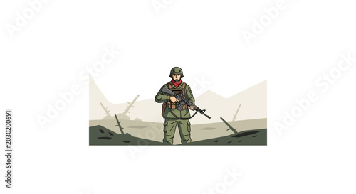 Bild auf Leinwand Soldier in military uniform holding rifle in a barren war zone with mountains in the background