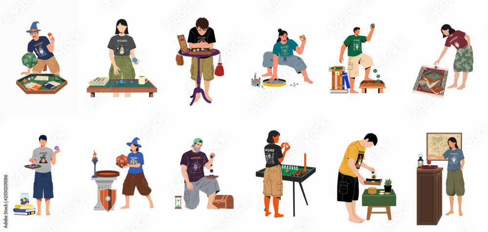 Ταπετσαρία Flat vector illustration of diverse people playing tabletop role-playing games with polyhedral dice, miniatures, and fantasy accessories