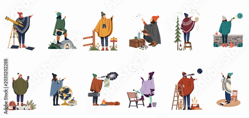 Quadro su tela A collection of diverse people in cozy ponchos engaged in stargazing and astronomical observation using telescopes, maps, and binoculars in flat illustration style
