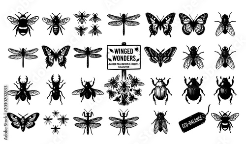 Foto Winged wonders insect silhouette vector icon set with butterflies dragonflies be