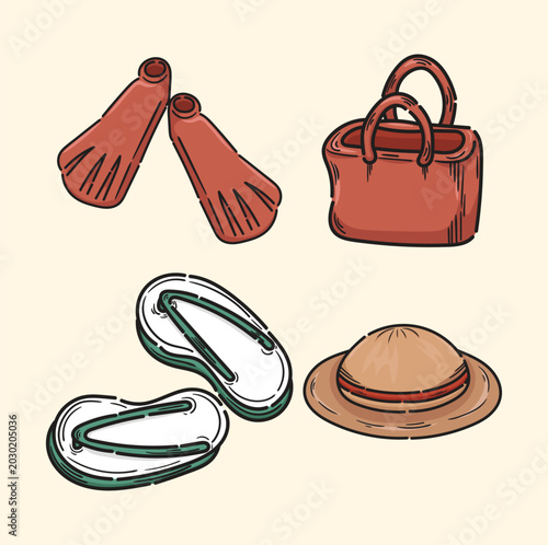 Illustration of beach items diving equipment sandals beach hat beach bag beach icon holiday
