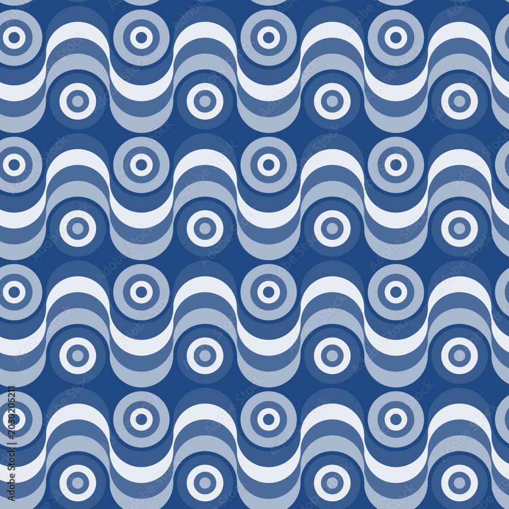 Retro wavy pattern with concentric circles in shades of blue and white
