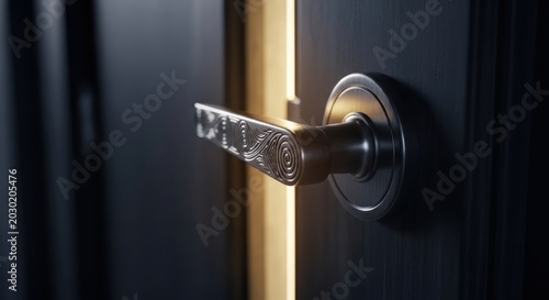 Close-up of a vintage metal door handle with a keyhole on a dark wooden door