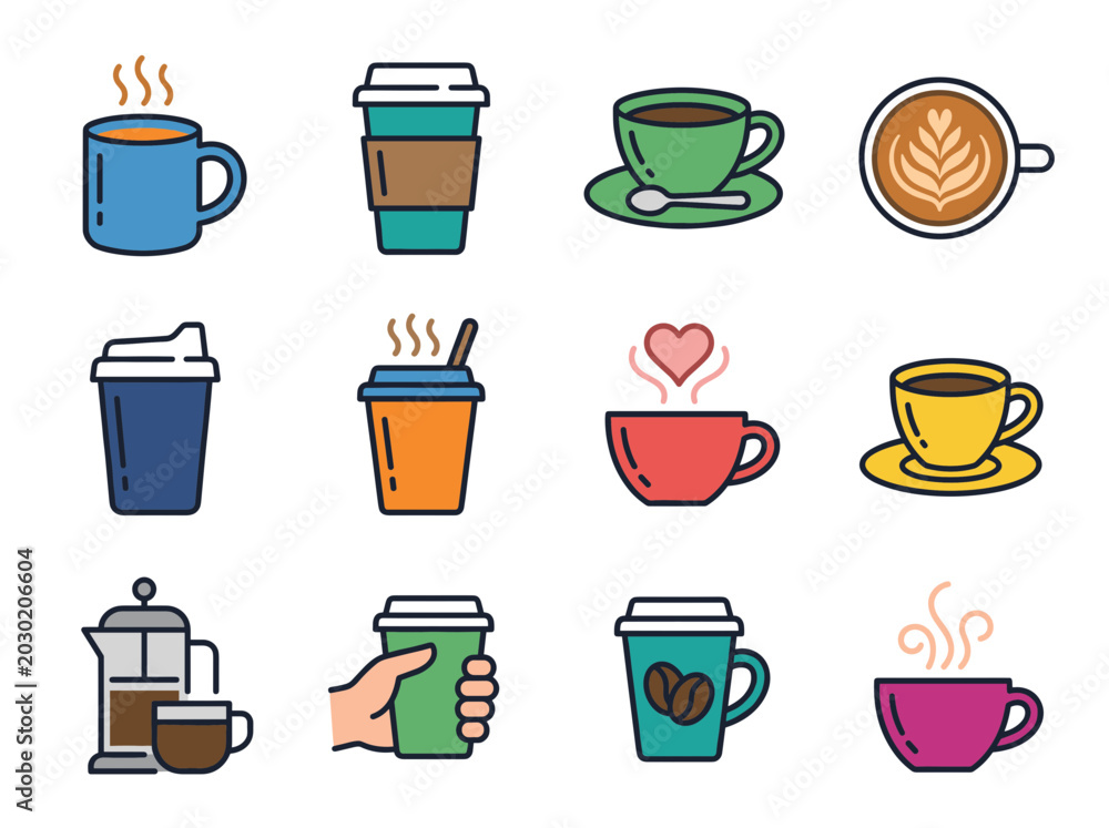 Obraz premium Collection of Coffee Icons. A set of coffee icons with mugs, takeaway cups and the press