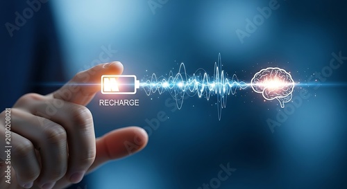 Creativity boost or training concept. A close-up of a hand touching a 'recharge' (battery) icon, which sends a wave of energy to a 'brain' icon.