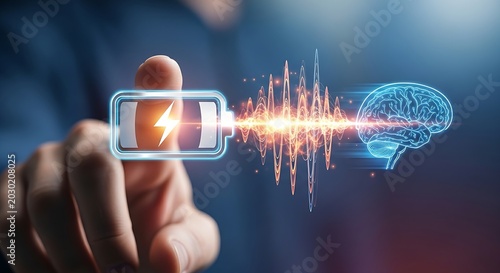 Creativity boost or training concept. A close-up of a hand touching a 'recharge' (battery) icon, which sends a wave of energy to a 'brain' icon.