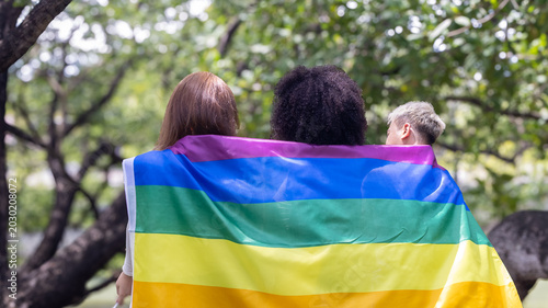 Group for human rights.Lesbian, ally, happy people for LGBTQ support in nature,relax with identity equality. Friends, pride flag, women in park with smile for bonding, community. Pride month. concept