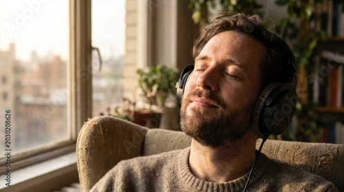 Man Enjoying Music in Soft Afternoon Light