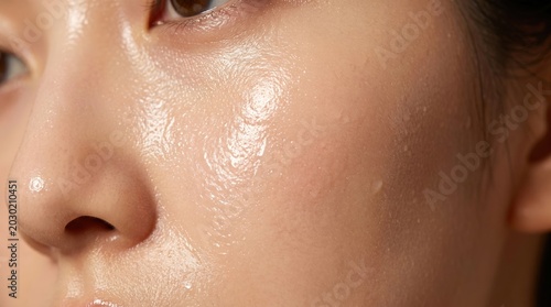オイリー肌でテカリのある女性の顔の超クローズアップ、スキンケアと皮膚科のコンセプト