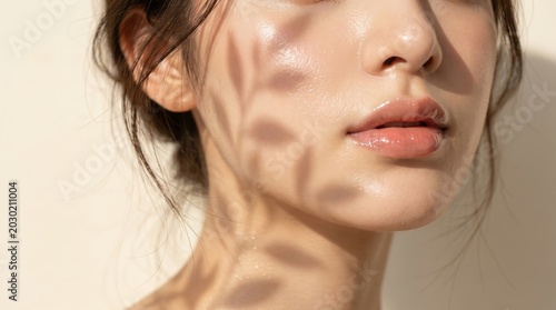 Beautiful Young Woman with Glowing Skin and Soft Leaf Shadows on Face, Natural Skincare and Beauty Concept