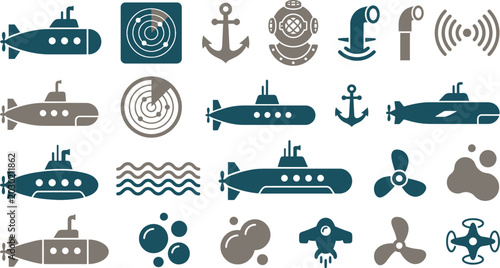 Tableau sur toile A collection of underwater and nautical vector icons featuring submarines anchor