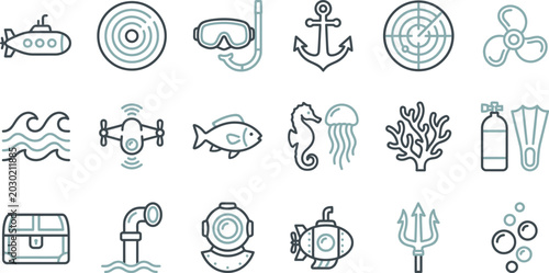 Foto A collection of various underwater themed icons featuring marine life and nautic