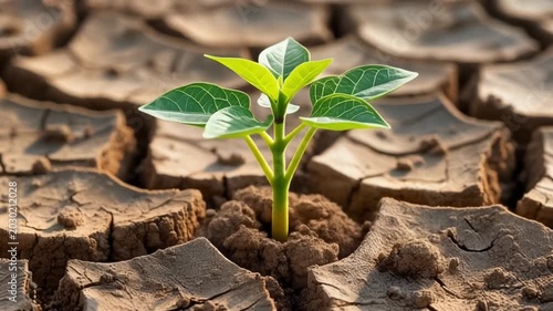 Green jatropha seedling growing through parched cracked desert soil