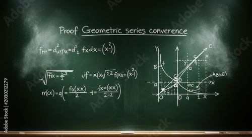 A chalkboard displays geometric series convergence proof with equations and graphs.