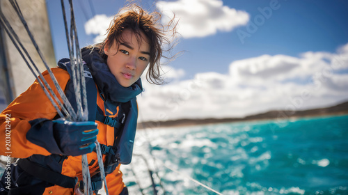 Young Sailor Holds Ropes on a Boat During Sailing Adventure