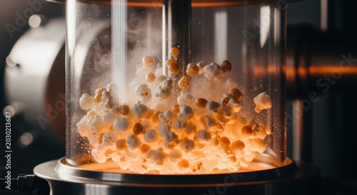 Capturing the delightful eruption of freshly popped kernels bursting with savory flavor within a glowing, transparent popcorn machine, creating a visually engaging scene of culinary excitement