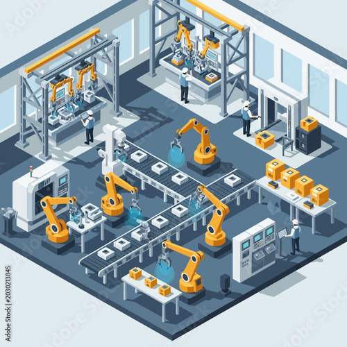 Automated factory production line with robotic arms and human workers.