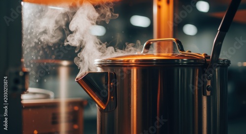 The metallic kettle steams vigorously, releasing clouds of vapor into the air above its lid, creating a visually striking and atmospheric scene hinting at warmth and culinary preparation