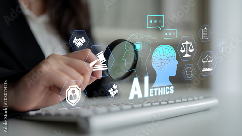 Foto A business professional interacting with holographic icons related to artificial intelligence ethics, showcasing technology and legal themes