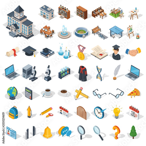 Comprehensive collection of isometric education and school icons.