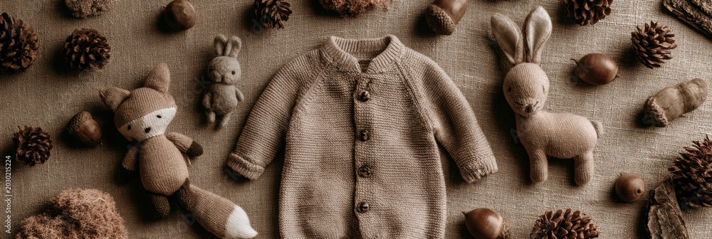 Obraz premium A flat lay arrangement features woodland animal plush toys, natural objects, and soft tones for a baby shower theme with space in the center.