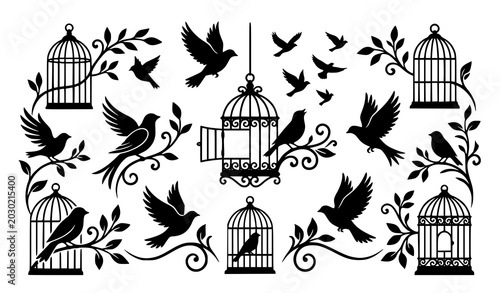 Konstfotografi Flying birds and birdcages silhouette decorative vector illustration with freedo