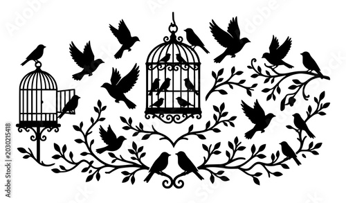 Tableau sur toile Flying birds and cages silhouette decorative vector layout with freedom concept