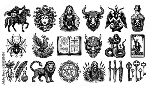 Tableau sur toile Mythical creatures and occult symbols black ink vector sketch set with medusa mi