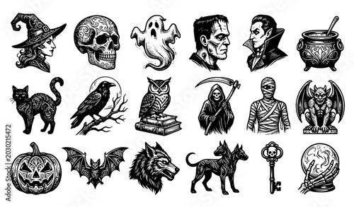 Fotografía Halloween spooky monster vector element set with skull ghost witch vampire frank