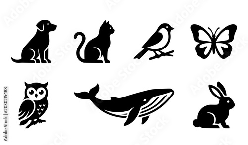 Minimalist animal silhouette icon vector set with dog cat bird butterfly owl whale and rabbit isolated on white background for logo identity design