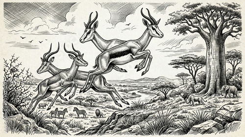 Bild auf Leinwand Three antelopes running across the savanna landscape.