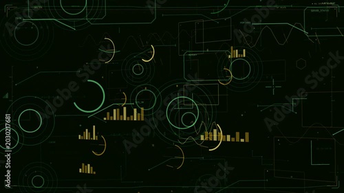 Faint green rings appearing, starting HUD animation, pulsing arcs rotating, gold bars showing data