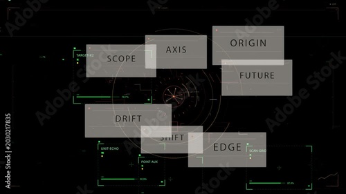Green target panel appearing, HUD cluster animating and reordering labels for focused scan readout