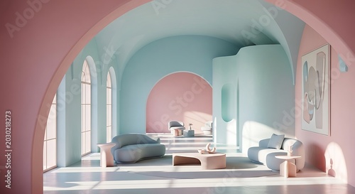Minimalist surreal living room with pastel pink and mint blue vaulted arches, modern curved furniture in a dreamlike interior, aesthetic architectural space
