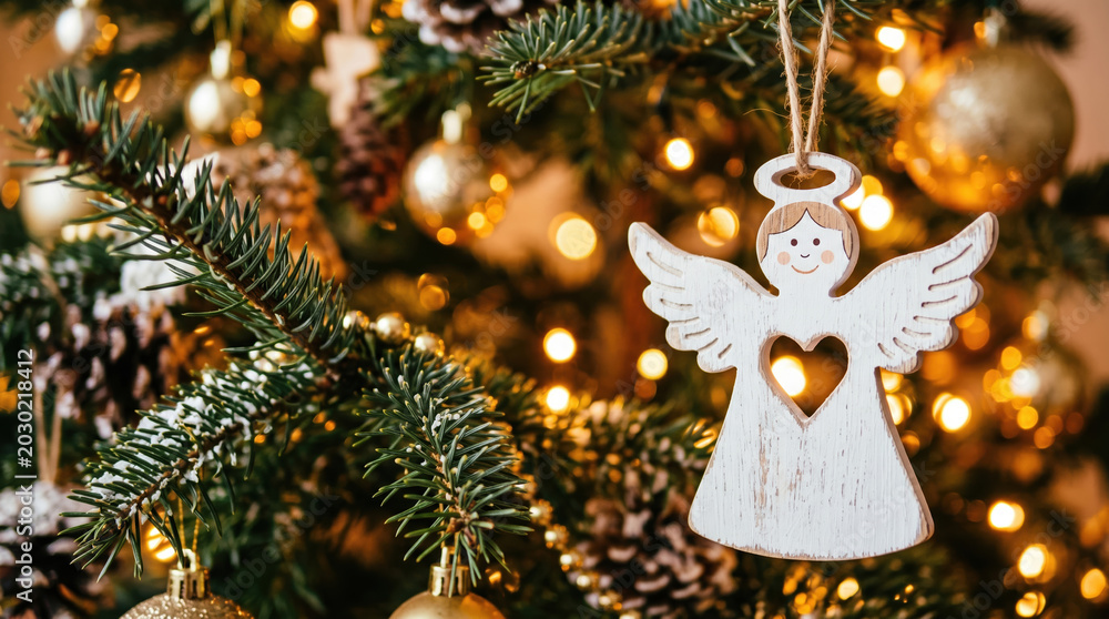 Fototapeta premium An angel ornament with a heart cutout hangs from a Christmas tree. The tree is bright with lights and has pinecones mixed among the ornaments. It captures the spirit of the holiday season