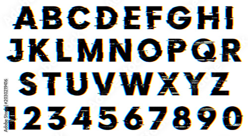 Grunge black glitch font set with letters and numbers on white back. Distorted black alphabet characters and numeric symbols with digital noise on plain white background. Vector illustration.
