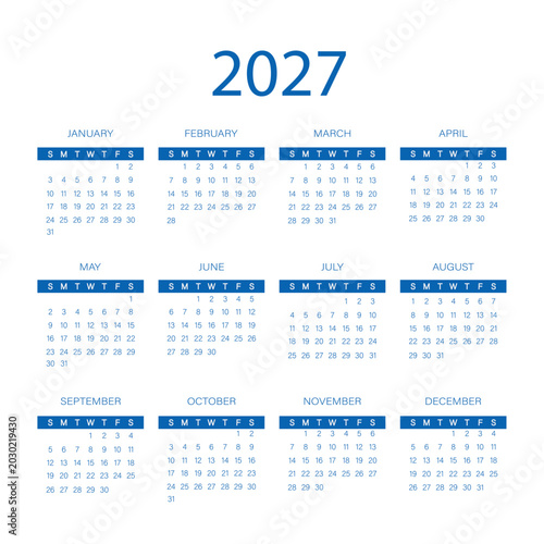 2027 Calendar Templates - Full Year Modern Design | Blue version vector calendar for wall and desk | Calendar 2027 started on Sunday