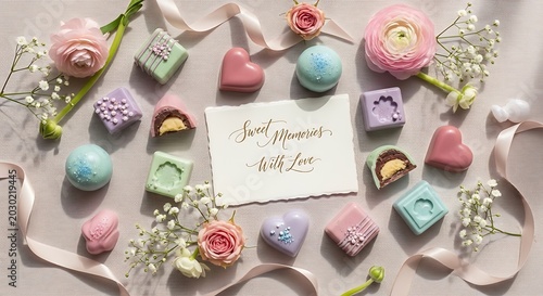 Pastel gourmet chocolates and spring flowers flat lay, romantic sweet memories with love card, elegant floral dessert arrangement for Valentines Day