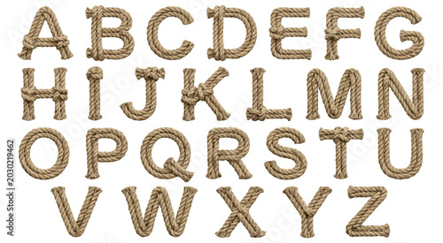 Alphabet set created from textured brown rope isolated on white background. Graphic collection featuring letters of alphabet constructed from realistic brown rope texture. Vector illustration.