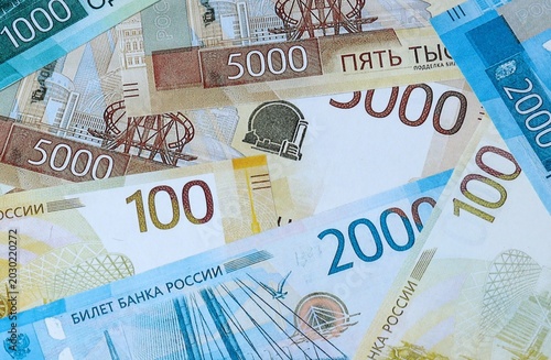 Bild auf Leinwand Russian ruble money bills in pile on table