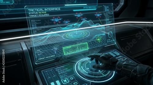 Futuristic tactical interface display with drone tracking data and holographic terrain map controlled by a gloved hand in a high tech command center