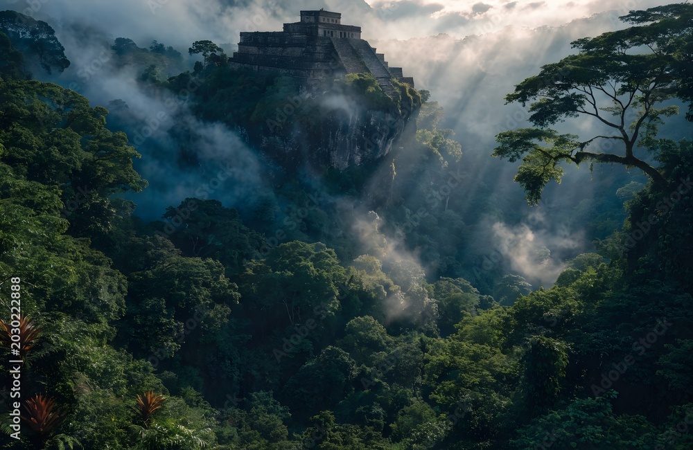 Fototapeta premium Ancient Mayan Temple Emerging from Dense Tropical Jungle