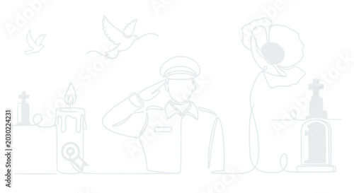 Tableau sur toile Soldier Saluting Memorial Day Remembrance Poppy Candle Dove Cemetery Gravestone