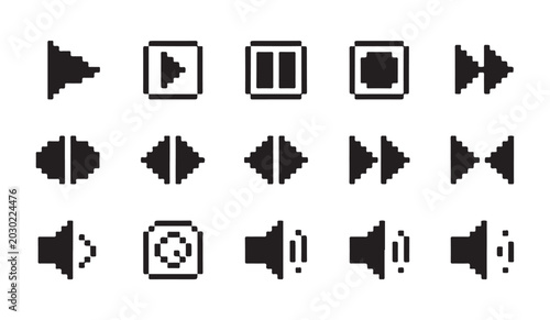 Canvastavla Collection of 15 pixelated media playback and sound control icons in 8 bit retro style
