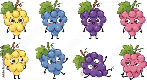 Cuadro en lienzo Cute Grape Character Vector Set with Kawaii Green Blue Purple and Red Fruit Bunc