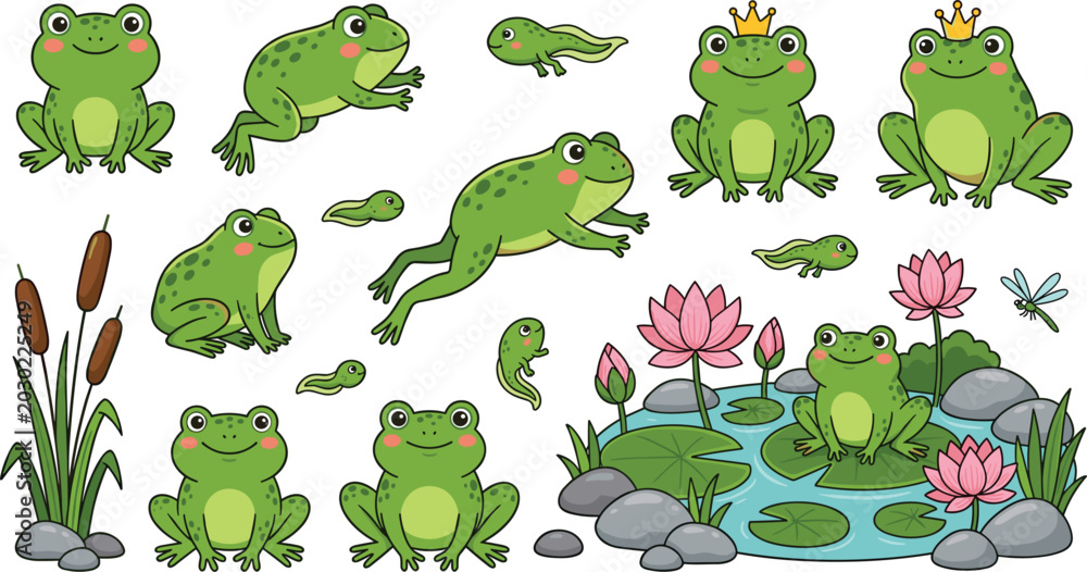 Obraz premium Cute Frog Character Vector Set with Tadpoles Water Lilies and Frog Prince Wearing Golden Crown for Kids Nursery and Pond Life Graphic Designs