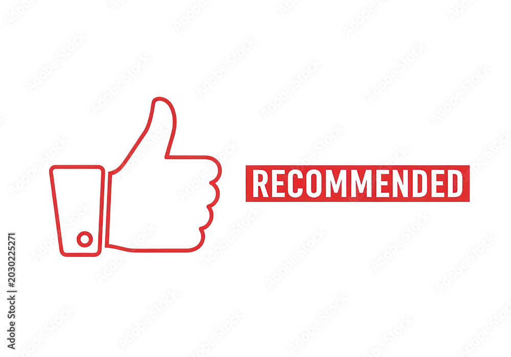 Obraz premium Recommended red stamp with thumbs up icon, customer review and feedback symbol, quality assurance and product recommendation graphic