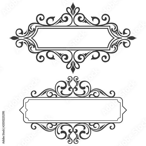 Set of vintage decorative filigree frames and borders for wedding invitations, certificates, and luxury branding design elements.