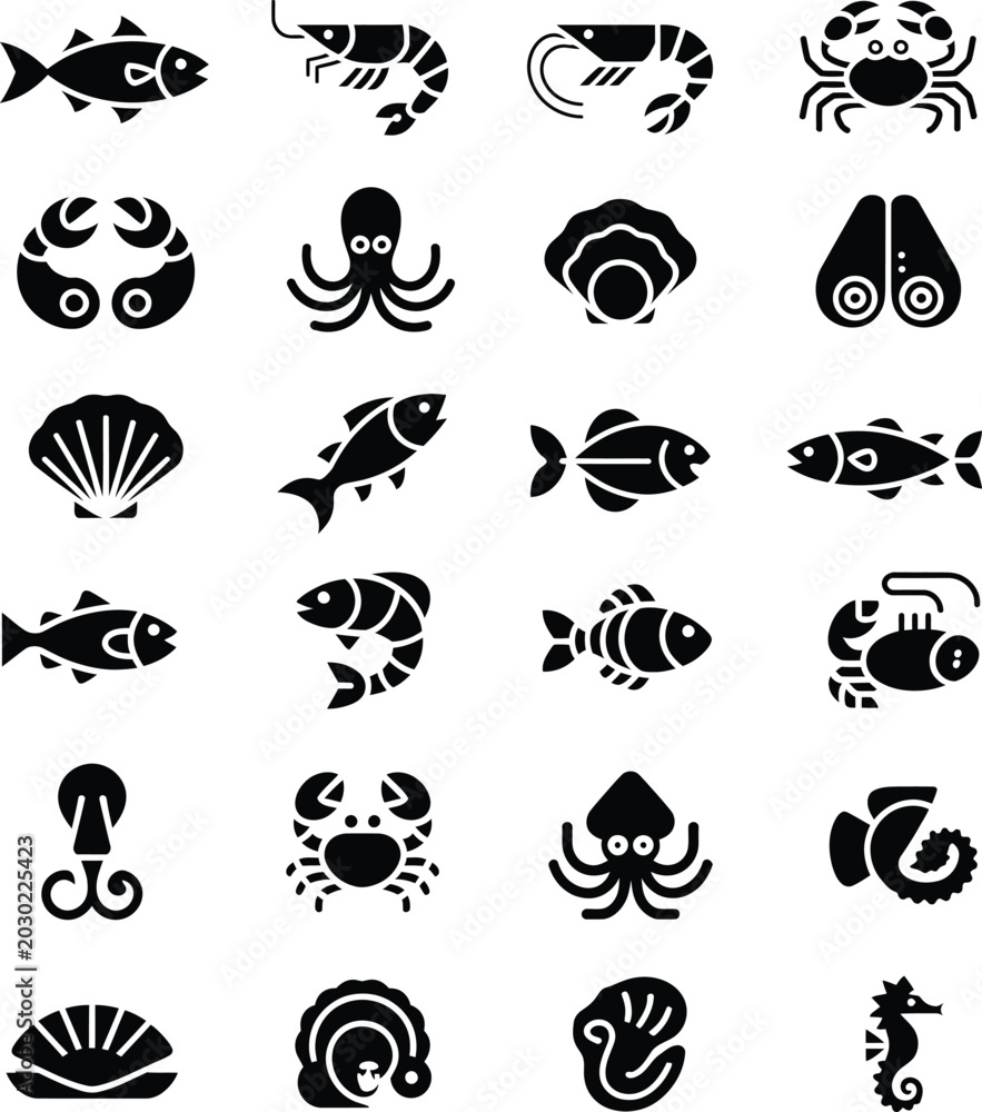 Obraz premium Set of sea creature and seafood icons including fish crab octopus shrimp with sea life, marine anima