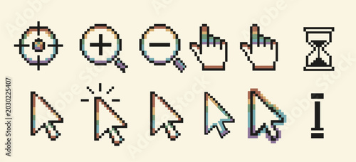 Pixelated computer cursor with rainbow gradient and hourglass target zoom in out click pixel computer